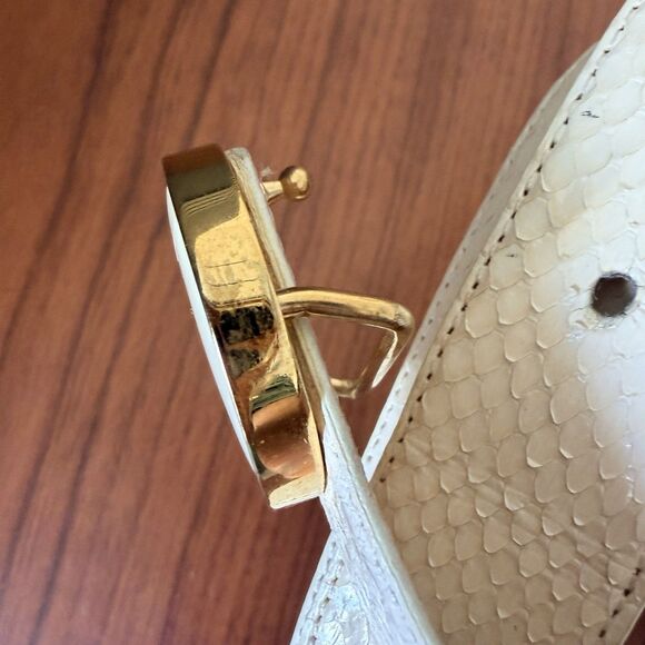 Vtg Carlisle White Snakeskin Textured Leather Belt Gold Buckle Sz M Statement main image 9